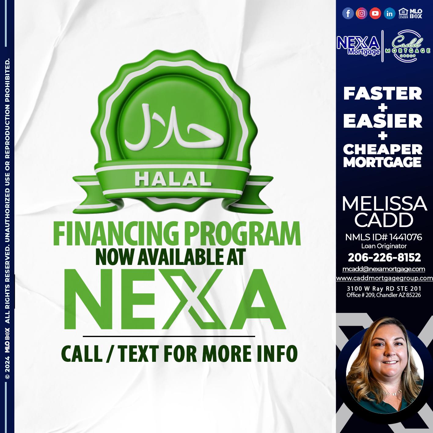 HALAL FINANCING PROGRAM - Melissa Cadd -Loan Originator