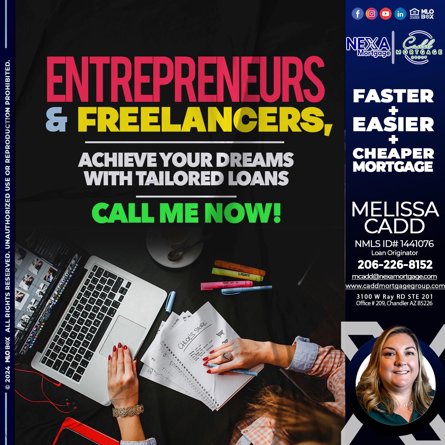 entreprenuers and freelancers - Melissa Cadd -Loan Originator